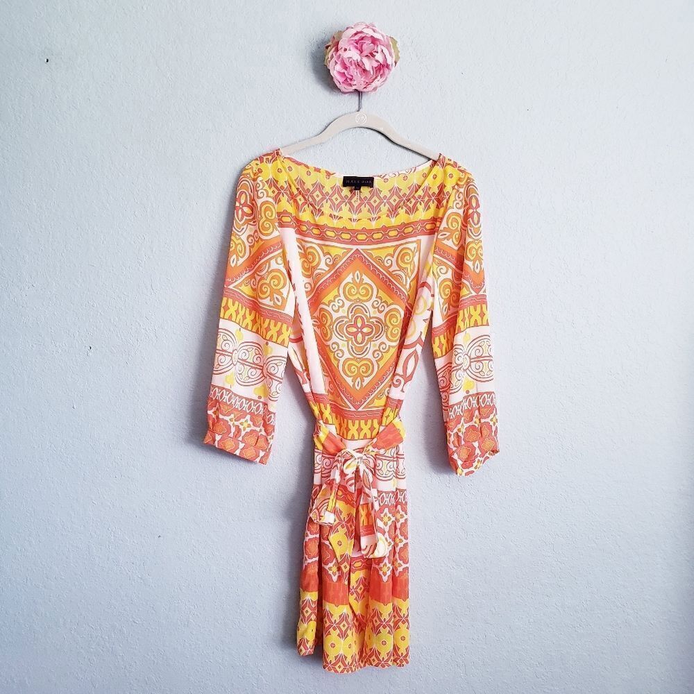 Hale Bob Yellow and Orange Geometric Long Sleeve Dress